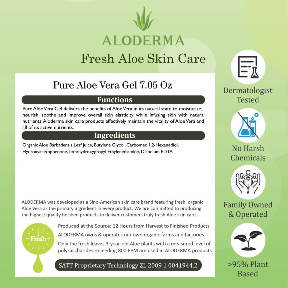 Aloe Vera Gel Made within 12 Hours of Harvest with 96% Pure Organic Aloe Vera for Skin, Scalp, & Hair, Soothing Aloe Face Moisturizer, Multipurpose, Hydrating Aloe Gel, 7.05Oz